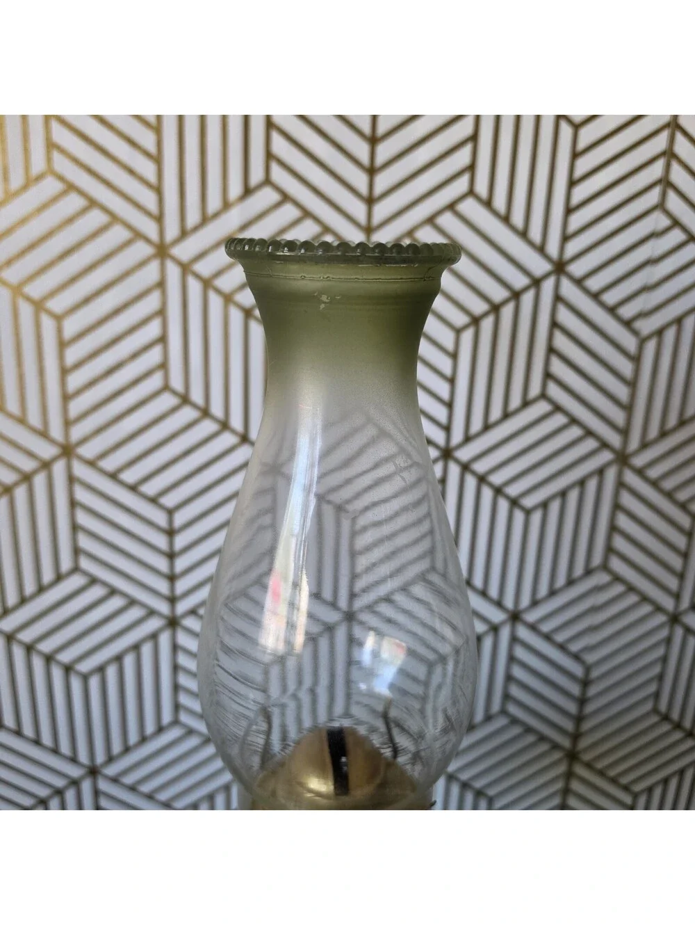 Vintage Green Embossed Pressed Glass Oil Lamp W Matching Colored Hurricane Shade